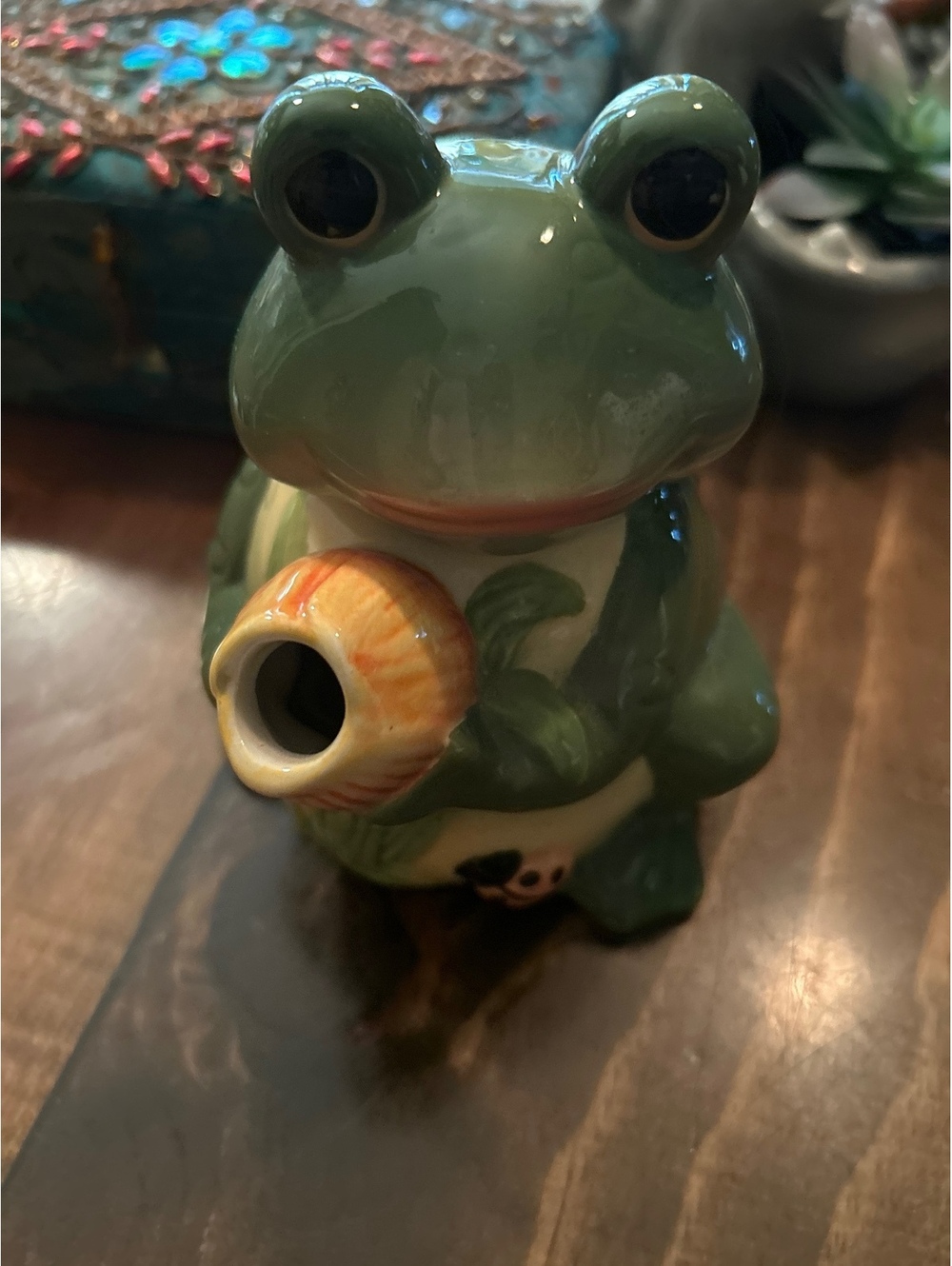 Ceramic Frog Teapot with Ladybug and Flower Design